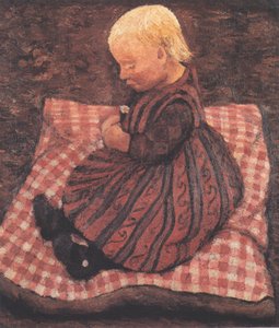 Kind op rood geruit kussen door Paula Modersohn Becker